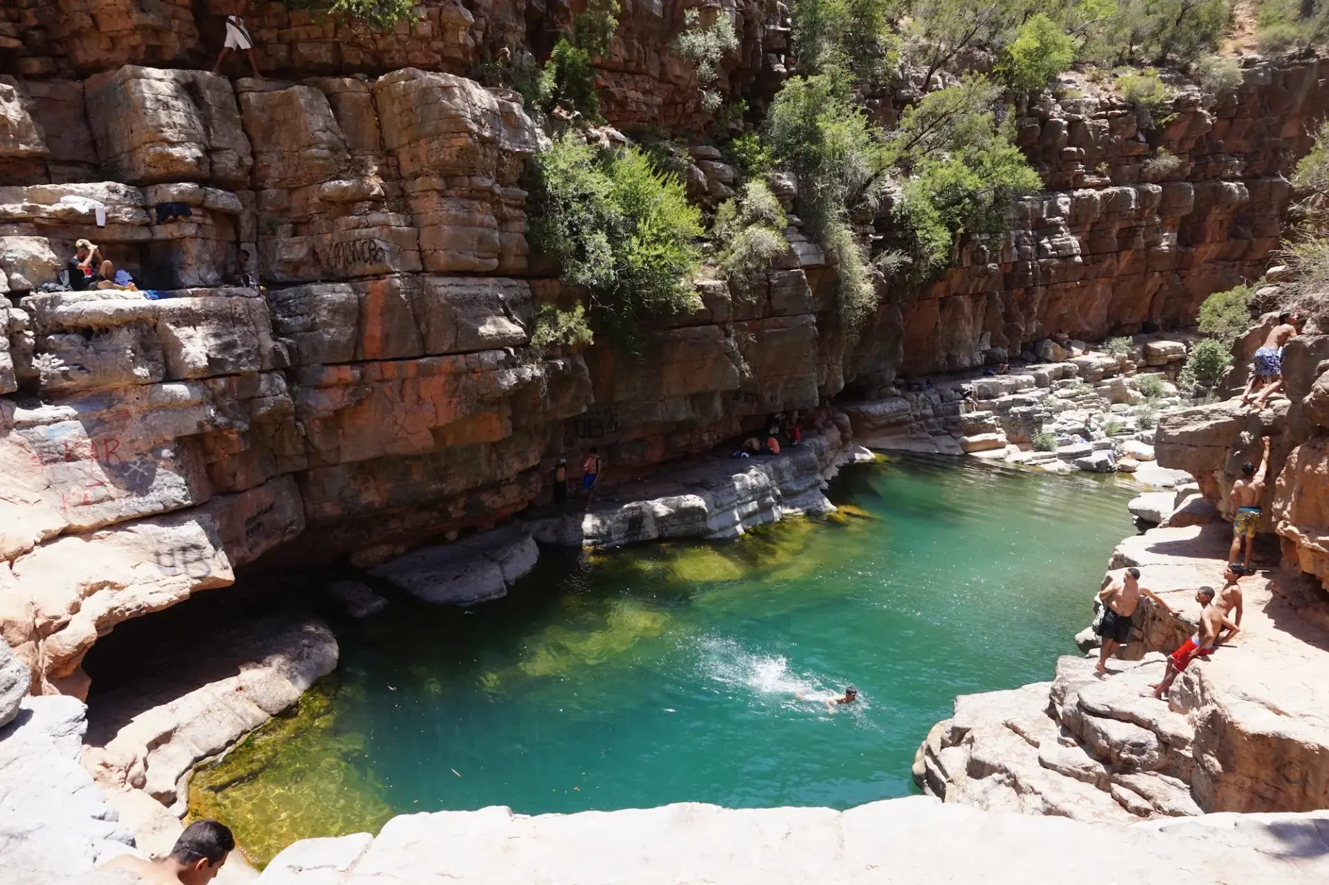 Turquoise rock pools in the palm-lined gorge of Paradise Valley near Agadir, Morocco